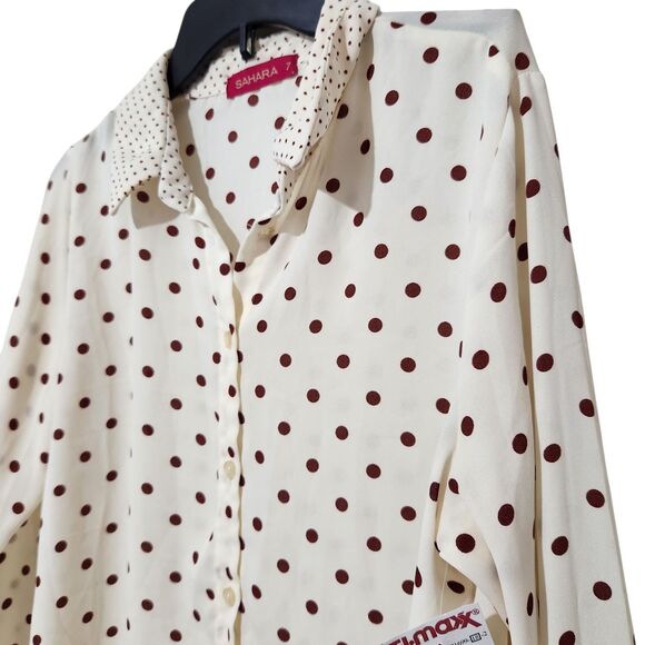 Sahara Tops - Sahara Top Size 7 Sheer Lightweight Longsleeve Ivory Color Red Polka Dots Print